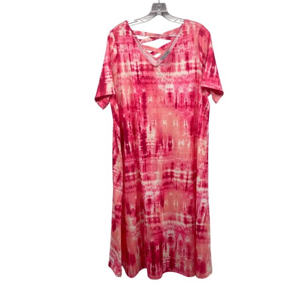 Catherines Tie Dye Midi Shift Dress Short Sleeve Lattice Back Pink/Multi Size 0X - Picture 1 of 8